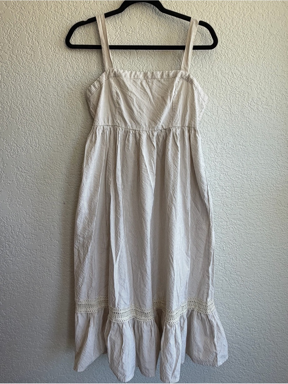 Striped Cotton Sundress in Cream with Lace Trim